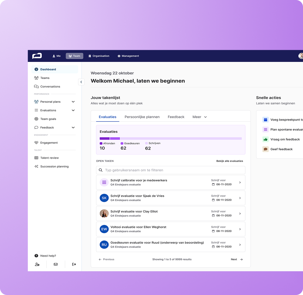 Het Dialog manager dashboard met een takenlijst en snelle acties