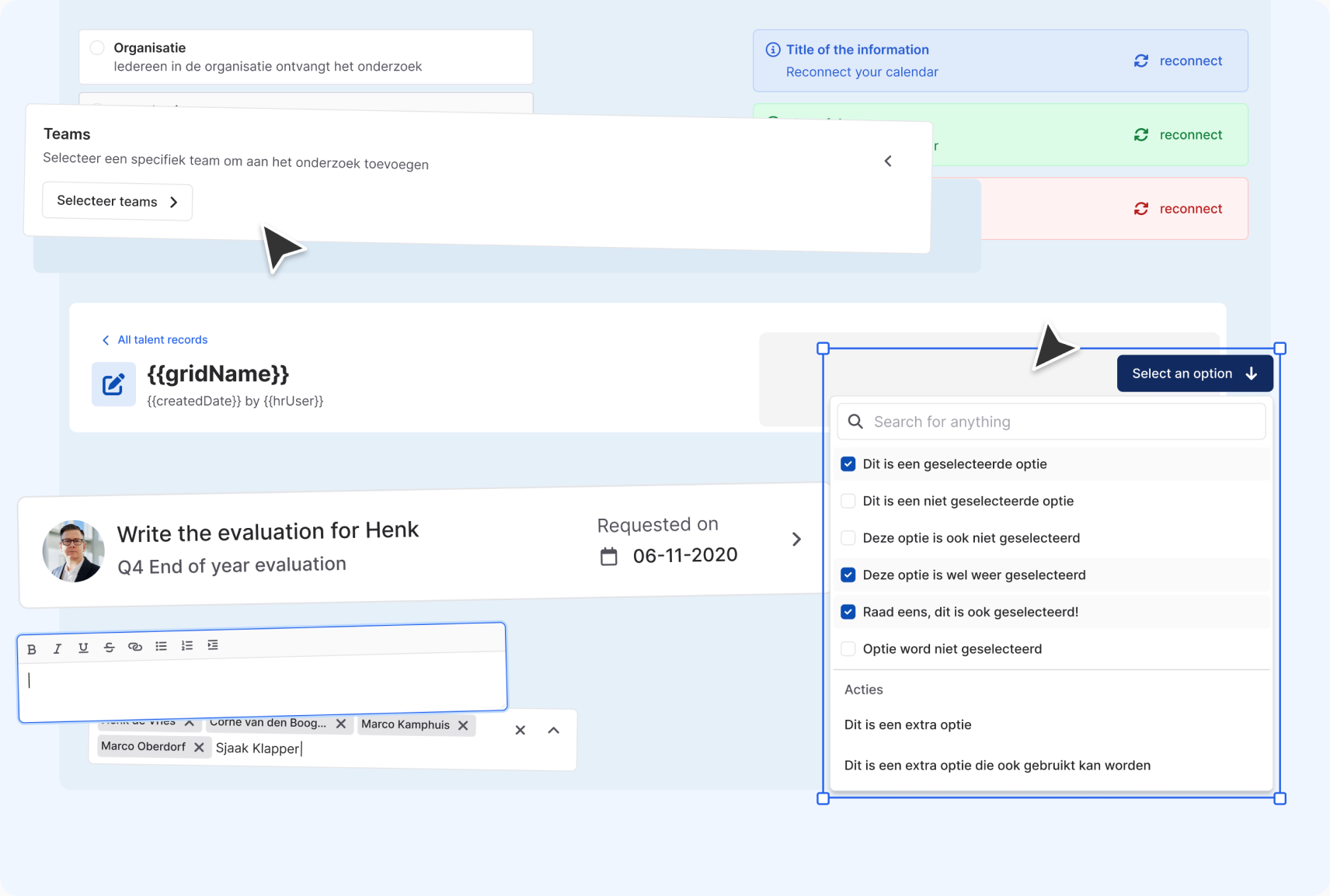 Losse componenten uit verschillende Figma-bestanden: formulieren, een kaart en een dropdown