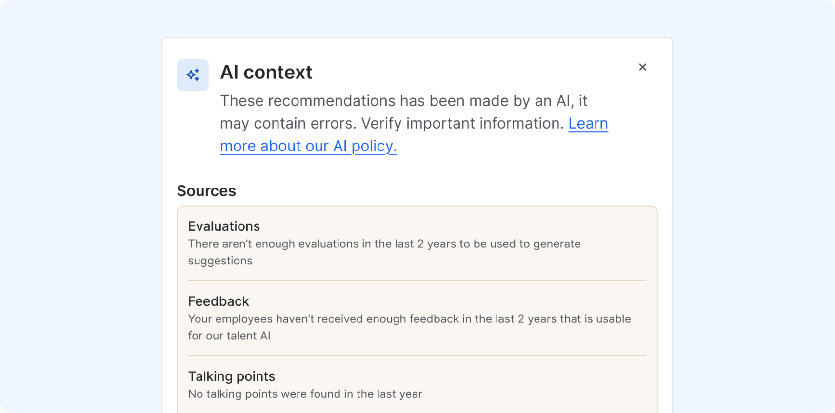 Het AI context-paneel met de bronnen Evaluations, Feedback en Talking points